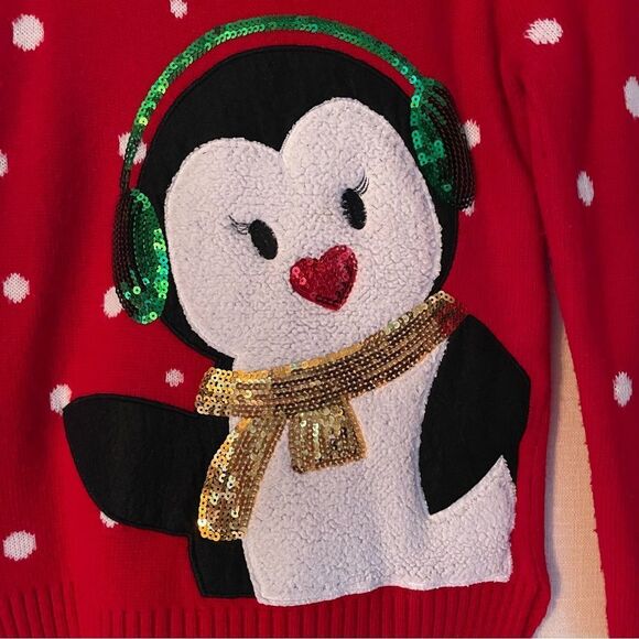 Penguin Plush Appliqué Crewneck Girl’s Red Christmas Sweater, White Polk… - Picture 3 of 10